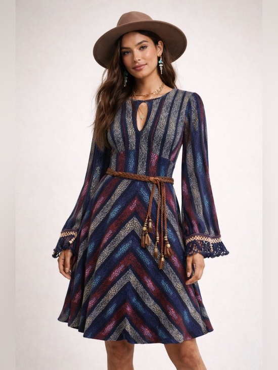 Free People Dresses & Skirts - Free People Long-Sleeve Chevron Dress in Blue, Red, Purple, Black, Cream